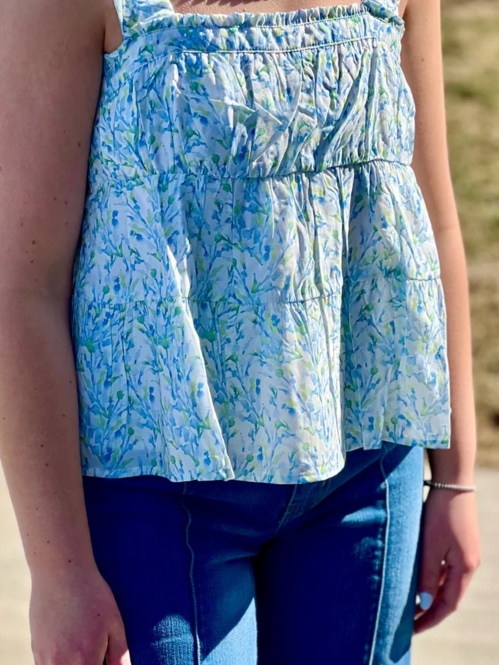 By Together Light Blue Floral Smocked Babydoll Camisole